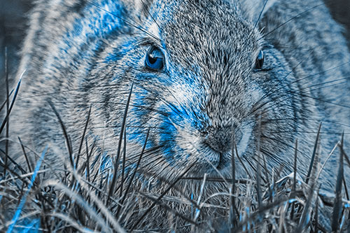 Resting Bunny Rabbit Watches Closely Among Grass Blades (Blue Tone Photo)