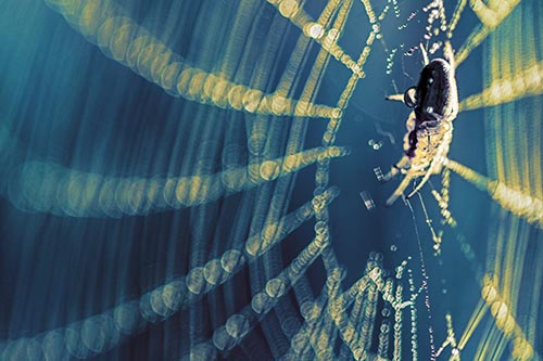 Dewy Orb Weaver Spider Hangs Among Web