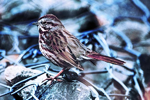 Squinting Song Sparrow Perched Atop Chain Link Fencing