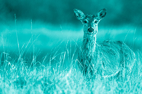 Motionless White Tailed Deer Watches Among Tall Grass (Cyan Shade Photo)