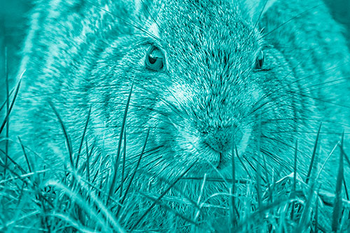 Resting Bunny Rabbit Watches Closely Among Grass Blades (Cyan Shade Photo)