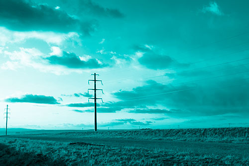 Sunset Clouds Scatter Above Powerlines (Cyan Shade Photo)