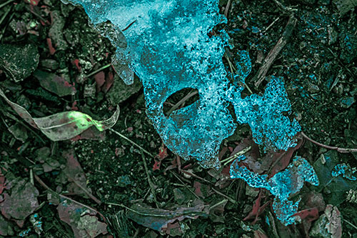 Half Melted Ice Face Atop Dead Leaves (Cyan Tint Photo)