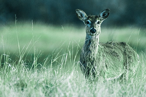 Motionless White Tailed Deer Watches Among Tall Grass (Cyan Tint Photo)