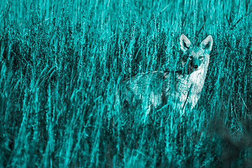 Coyote Watches Among Feather Reed Grass (Cyan Tone Photo)
