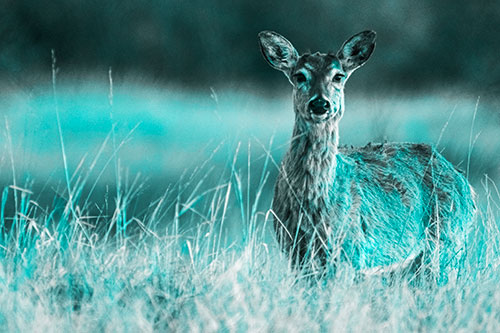 Motionless White Tailed Deer Watches Among Tall Grass (Cyan Tone Photo)