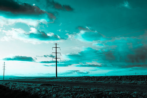 Sunset Clouds Scatter Above Powerlines (Cyan Tone Photo)