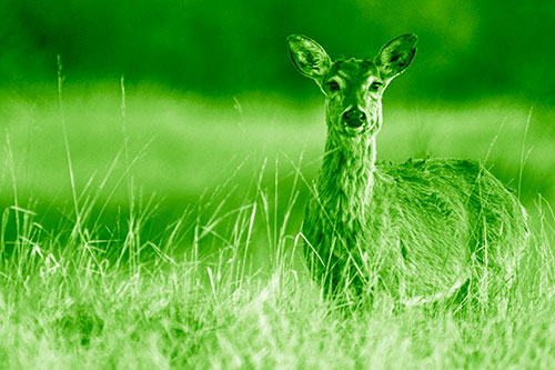 Motionless White Tailed Deer Watches Among Tall Grass (Green Shade Photo)