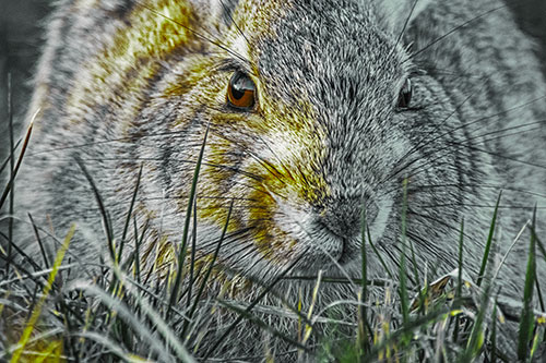 Resting Bunny Rabbit Watches Closely Among Grass Blades (Green Tint Photo)