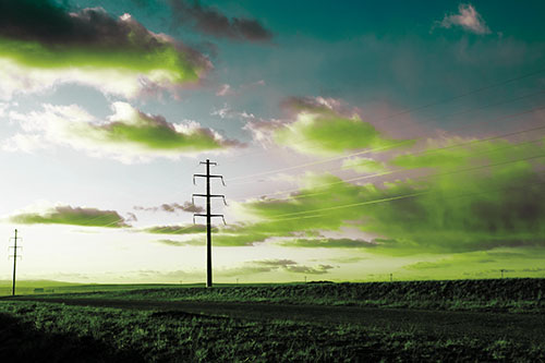 Sunset Clouds Scatter Above Powerlines (Green Tint Photo)