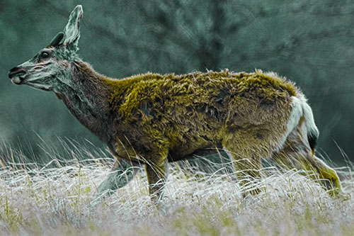 Tense Faced Mule Deer Wanders Among Blowing Grass (Green Tint Photo)
