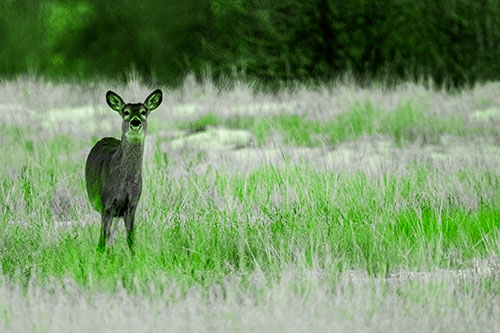 Curious White Tailed Deer Watching Among Snowy Field (Green Tone Photo)