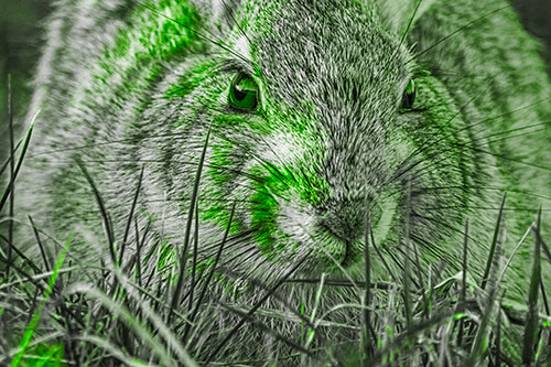 Resting Bunny Rabbit Watches Closely Among Grass Blades (Green Tone Photo)