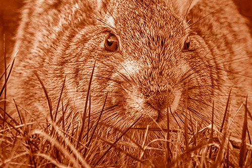 Resting Bunny Rabbit Watches Closely Among Grass Blades (Orange Shade Photo)