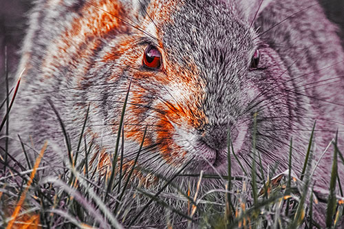 Resting Bunny Rabbit Watches Closely Among Grass Blades (Orange Tint Photo)