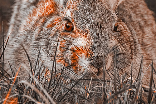 Resting Bunny Rabbit Watches Closely Among Grass Blades (Orange Tone Photo)