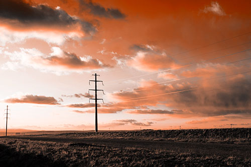 Sunset Clouds Scatter Above Powerlines (Orange Tone Photo)