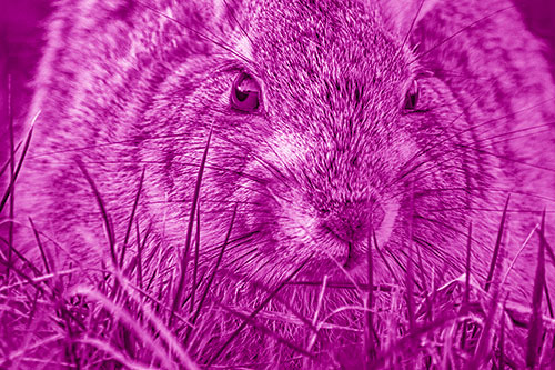 Resting Bunny Rabbit Watches Closely Among Grass Blades (Pink Shade Photo)