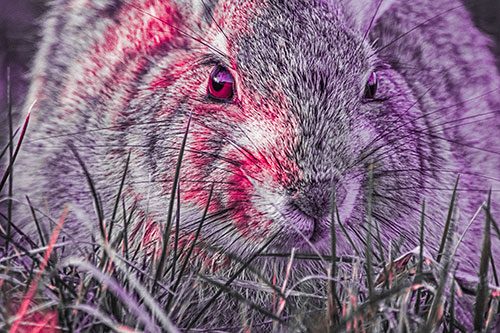 Resting Bunny Rabbit Watches Closely Among Grass Blades (Pink Tint Photo)