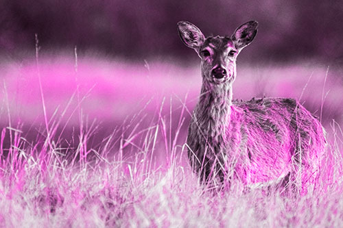Motionless White Tailed Deer Watches Among Tall Grass (Pink Tone Photo)