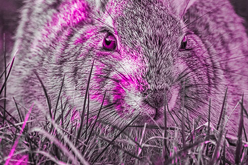 Resting Bunny Rabbit Watches Closely Among Grass Blades (Pink Tone Photo)