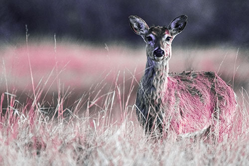 Motionless White Tailed Deer Watches Among Tall Grass (Purple Tint Photo)
