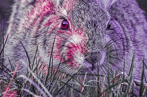 Resting Bunny Rabbit Watches Closely Among Grass Blades (Purple Tint Photo)