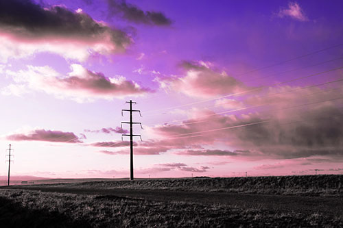 Sunset Clouds Scatter Above Powerlines (Purple Tint Photo)