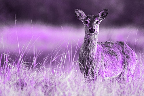 Motionless White Tailed Deer Watches Among Tall Grass (Purple Tone Photo)