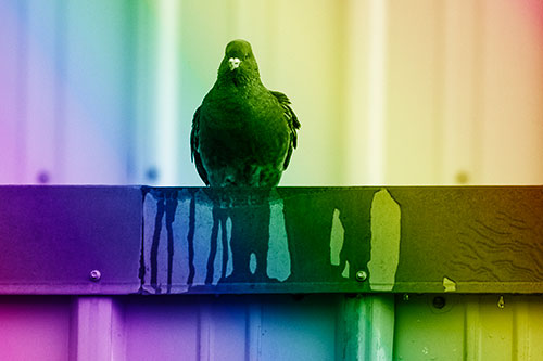 Glaring Pigeon Keeping Watch Along Steel Roof Edge (Rainbow Shade Photo)