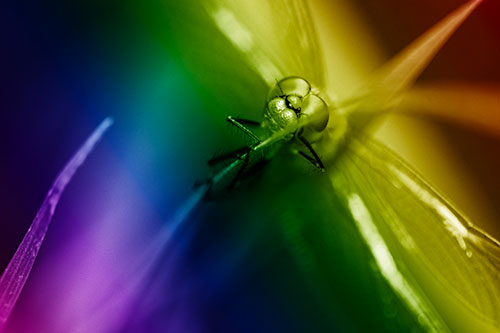 Happy Dragonfly Hugs Grass Blade Edge (Rainbow Shade Photo)