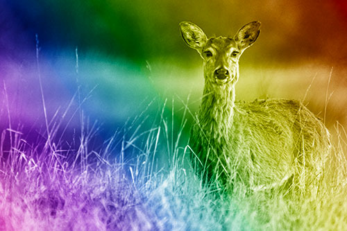 Motionless White Tailed Deer Watches Among Tall Grass (Rainbow Shade Photo)
