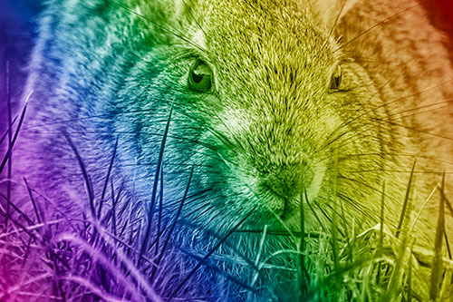 Resting Bunny Rabbit Watches Closely Among Grass Blades (Rainbow Shade Photo)
