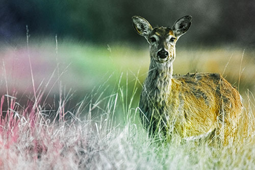 Motionless White Tailed Deer Watches Among Tall Grass (Rainbow Tint Photo)