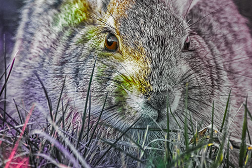 Resting Bunny Rabbit Watches Closely Among Grass Blades (Rainbow Tint Photo)