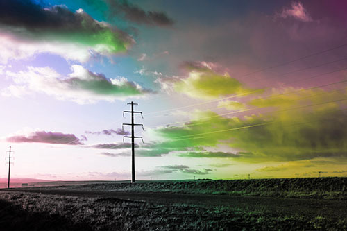 Sunset Clouds Scatter Above Powerlines (Rainbow Tint Photo)