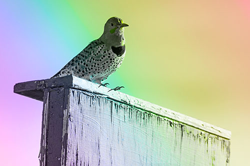 Northern Flicker Woodpecker Keeping Watch Atop Birdhouse (Rainbow Tone Photo)