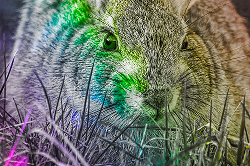Resting Bunny Rabbit Watches Closely Among Grass Blades (Rainbow Tone Photo)