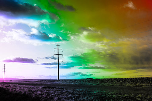 Sunset Clouds Scatter Above Powerlines (Rainbow Tone Photo)