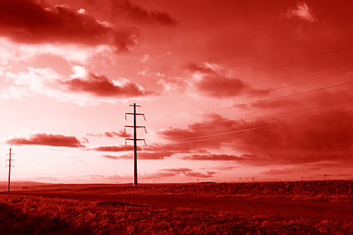 Sunset Clouds Scatter Above Powerlines (Red Shade Photo)