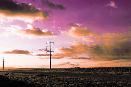 Sunset Clouds Scatter Above Powerlines (Red Tint Photo)