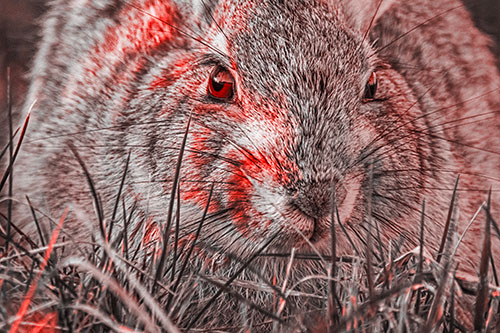 Resting Bunny Rabbit Watches Closely Among Grass Blades (Red Tone Photo)
