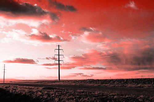 Sunset Clouds Scatter Above Powerlines (Red Tone Photo)