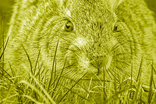 Resting Bunny Rabbit Watches Closely Among Grass Blades (Yellow Shade Photo)