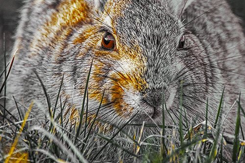 Resting Bunny Rabbit Watches Closely Among Grass Blades (Yellow Tint Photo)
