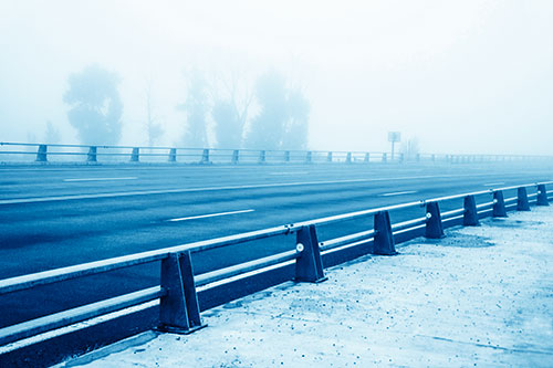 Fog Surrounds Deserted Sidewalk Roadway (Blue Shade Photo)
