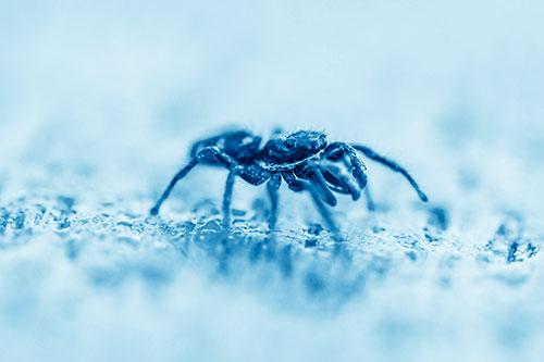 Jumping Spider Crawling Along Flat Terrain (Blue Shade Photo)
