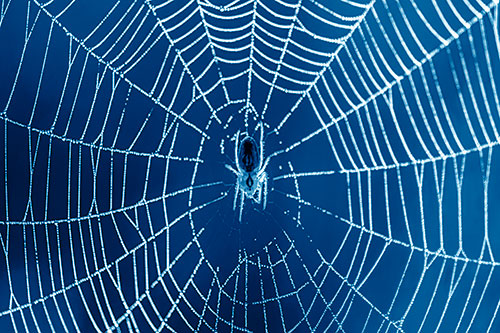 Orb Weaver Spider Rests Among Web Center (Blue Shade Photo)