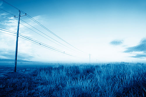 Powerlines Descend Among Foggy Prairie (Blue Shade Photo)