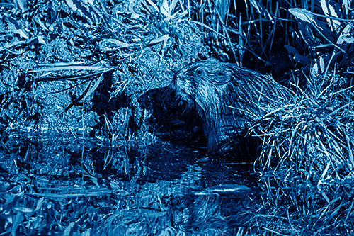Shy Muskrat Sits Among Shallow Stream (Blue Shade)